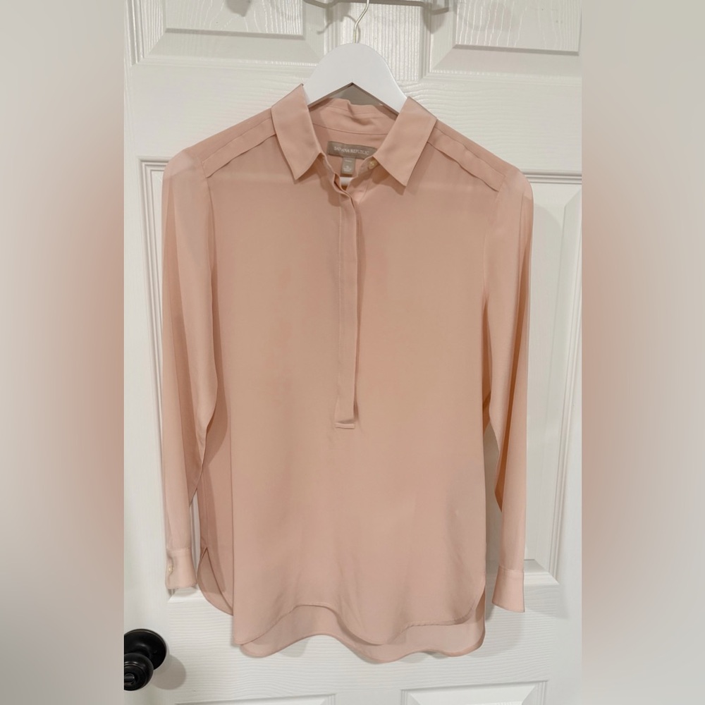 Banana Republic Silk Blush Pink Sheer Long Sleeve Button Front Small Petite Top - Picture 6 of 6